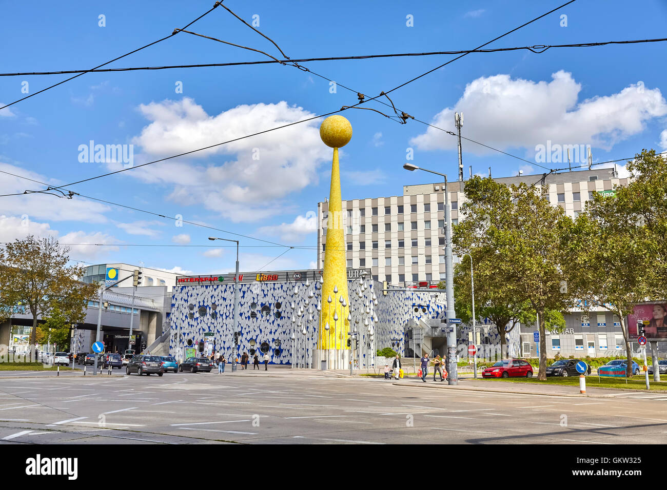 Vienna, Austria - August 13, 2016: Exterior of Donau Zentrum at Wagramer Street, one of the biggest shopping malls in the city. Stock Photo