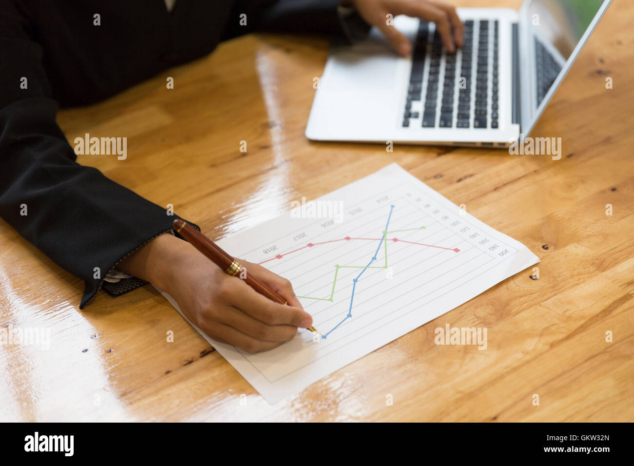 businesswoman in suit analyze with market analysis business chart document with computer laptop Stock Photo