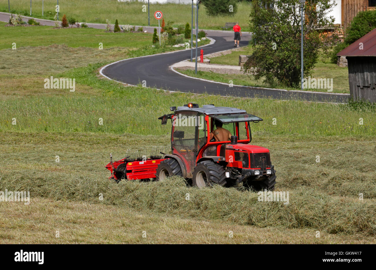 Cutting Hay with Antonio Carraro Farm Machinery, Val di Fassa, Italy Stock Photo