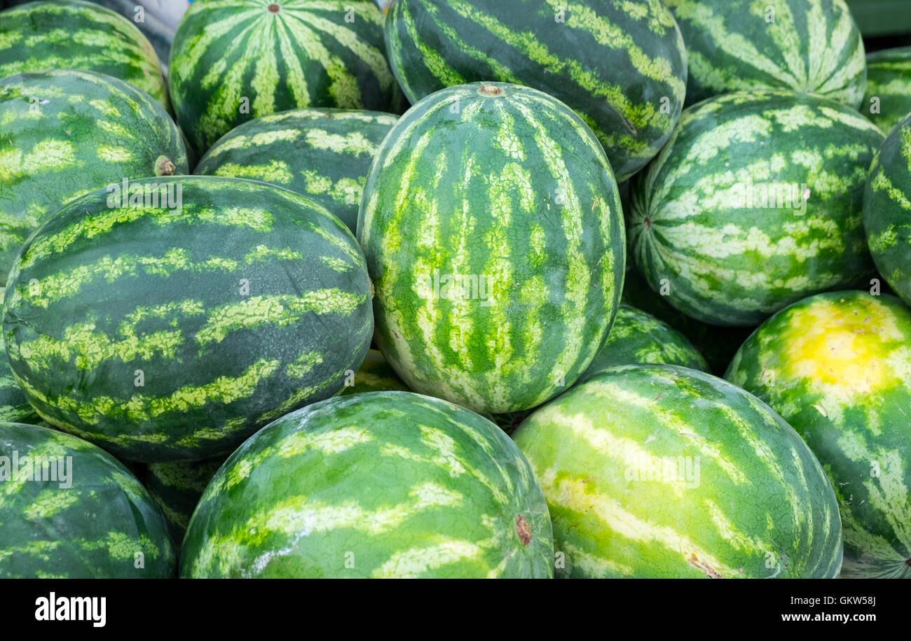 Whole watermelons for sale outside a shop in Alcudia Mallorca Majorca Stock Photo