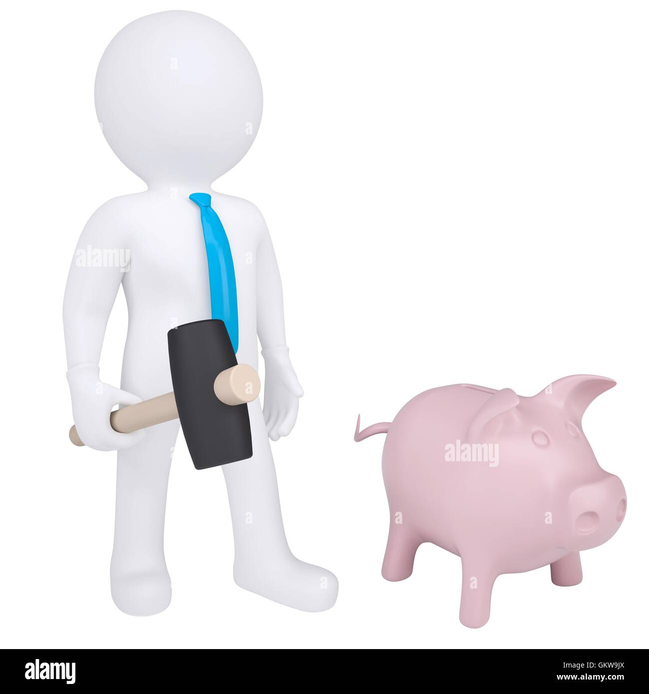 3d white man with hammer next to the piggy bank Stock Photo - Alamy