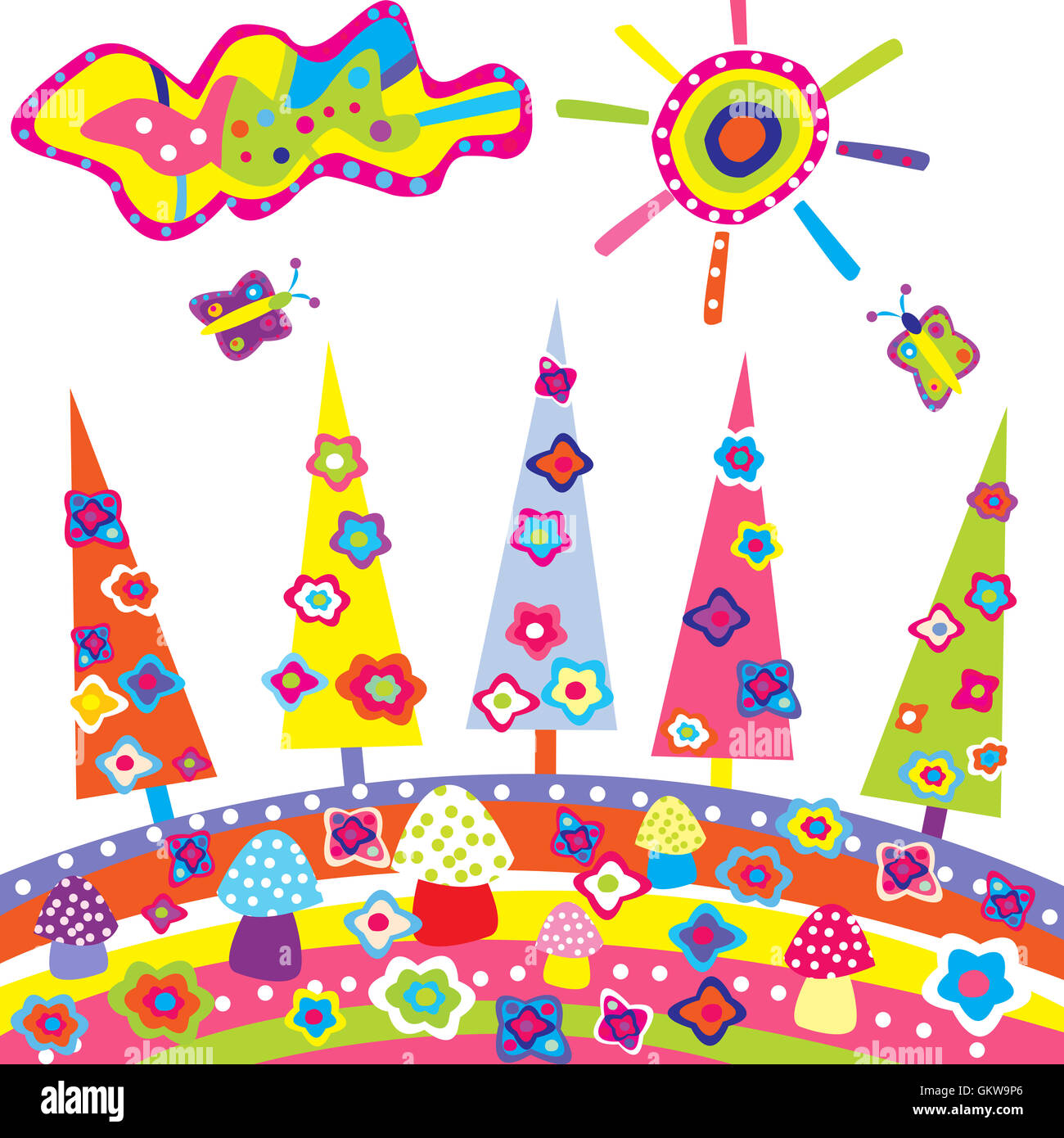 Doodle landscape with colored cartoon elements Stock Photo