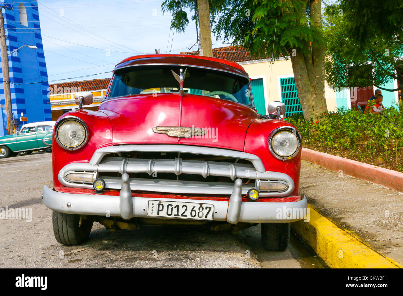 [Editorial Use Only] An old American Chevrolet Car with a custom plastic grill parked in a street in Sancti Spiritus, Cuba Stock Photo