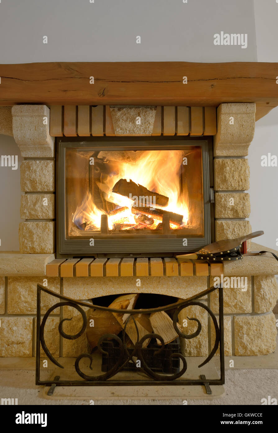 Rustic Fireplace and warm atmosphere Stock Photo