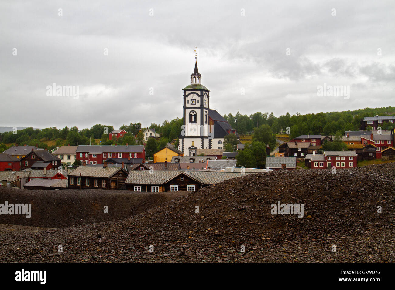 View of the historic Norwegian mining town Røros from the slag heaps ...