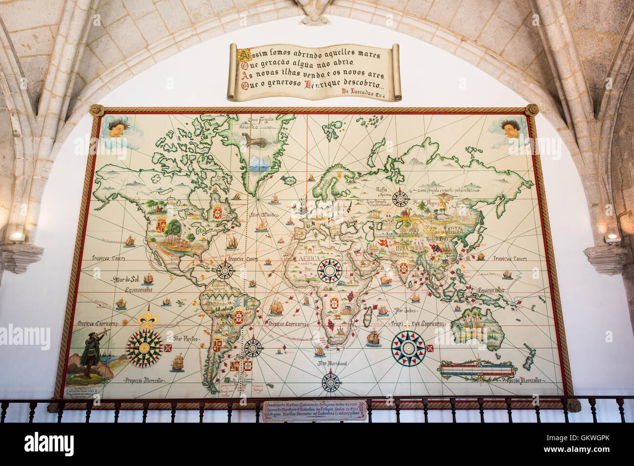 LISBON, Portugal — The Age of Discoveries Map at the Museu de Marinha (Maritime Museum) illustrates Portuguese maritime explorations during the 15th and 16th centuries. Using the Mercator projection, the map details the routes of Portuguese explorers across the Atlantic, Indian, and Pacific oceans. Displayed in the historic Jerónimos Monastery wing of the museum, it demonstrates Portugal's pioneering role in global maritime exploration. Stock Photo