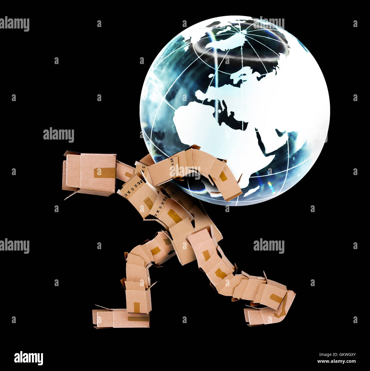 Box man carrying a globe Stock Photo Alamy