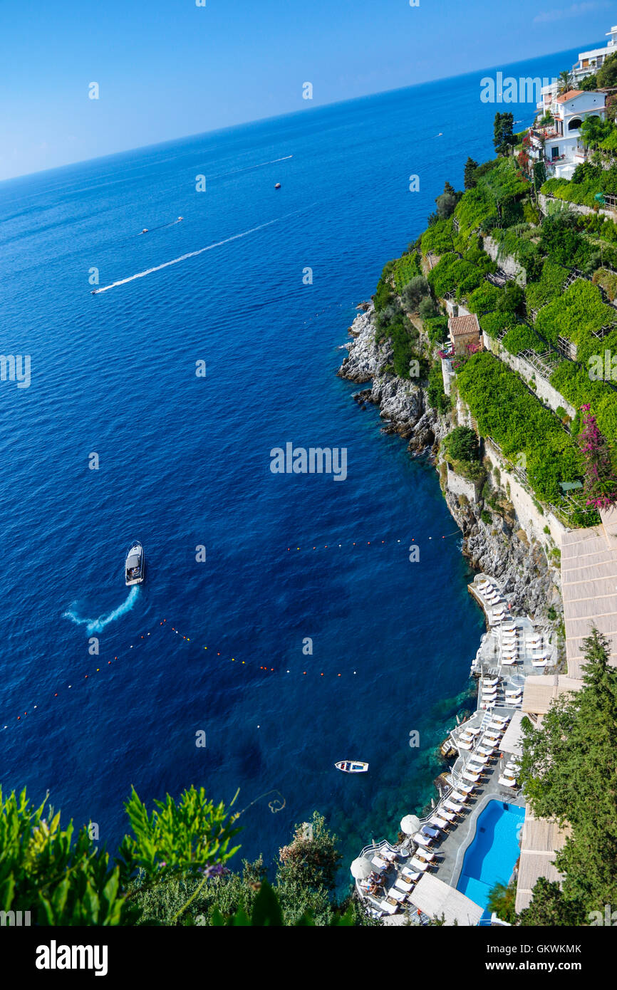 The Amalfi Coast ocean and boats on the water Stock Photo