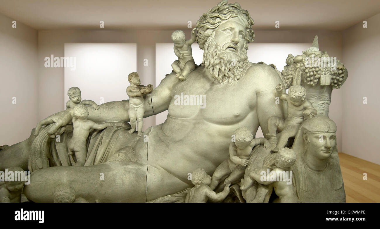 Zeus, Empty gallery, 3d room with greek sculture, Ancient Statue Stock Photo
