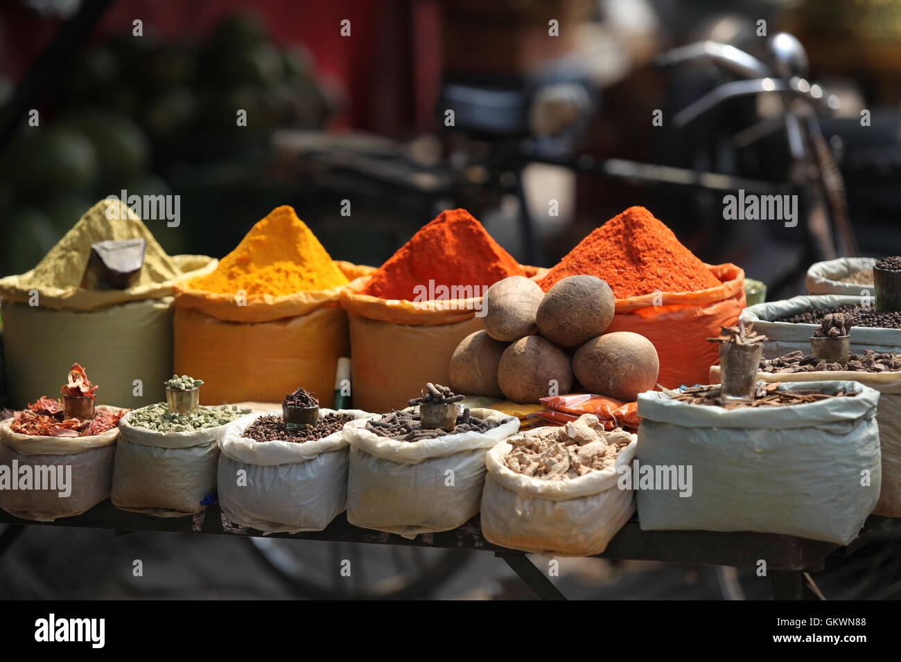 India, Delhi, Pahar Ganj, Spices on main bazar Stock Photo
