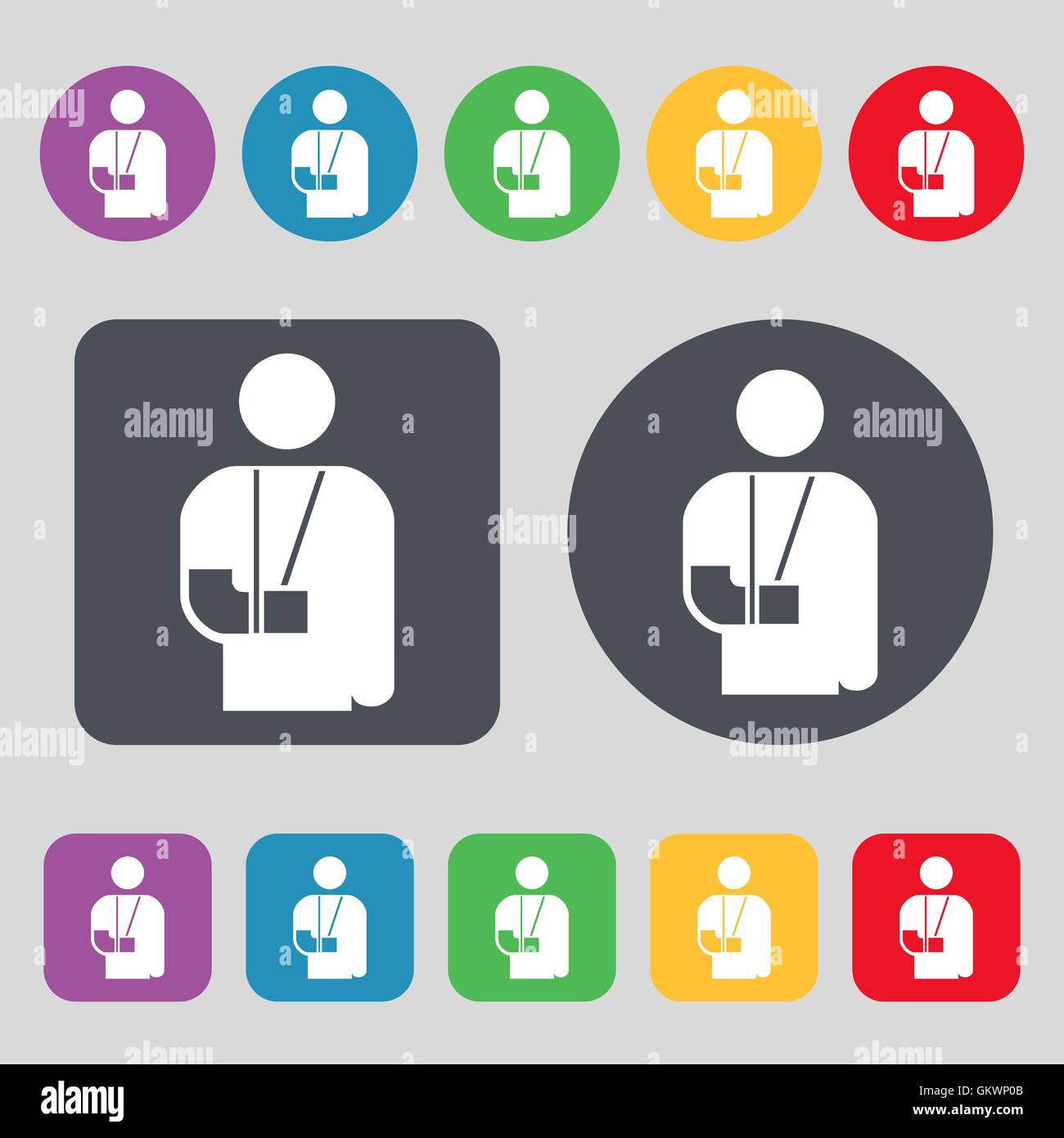 broken arm, disability icon sign. A set of 12 colored buttons. Flat