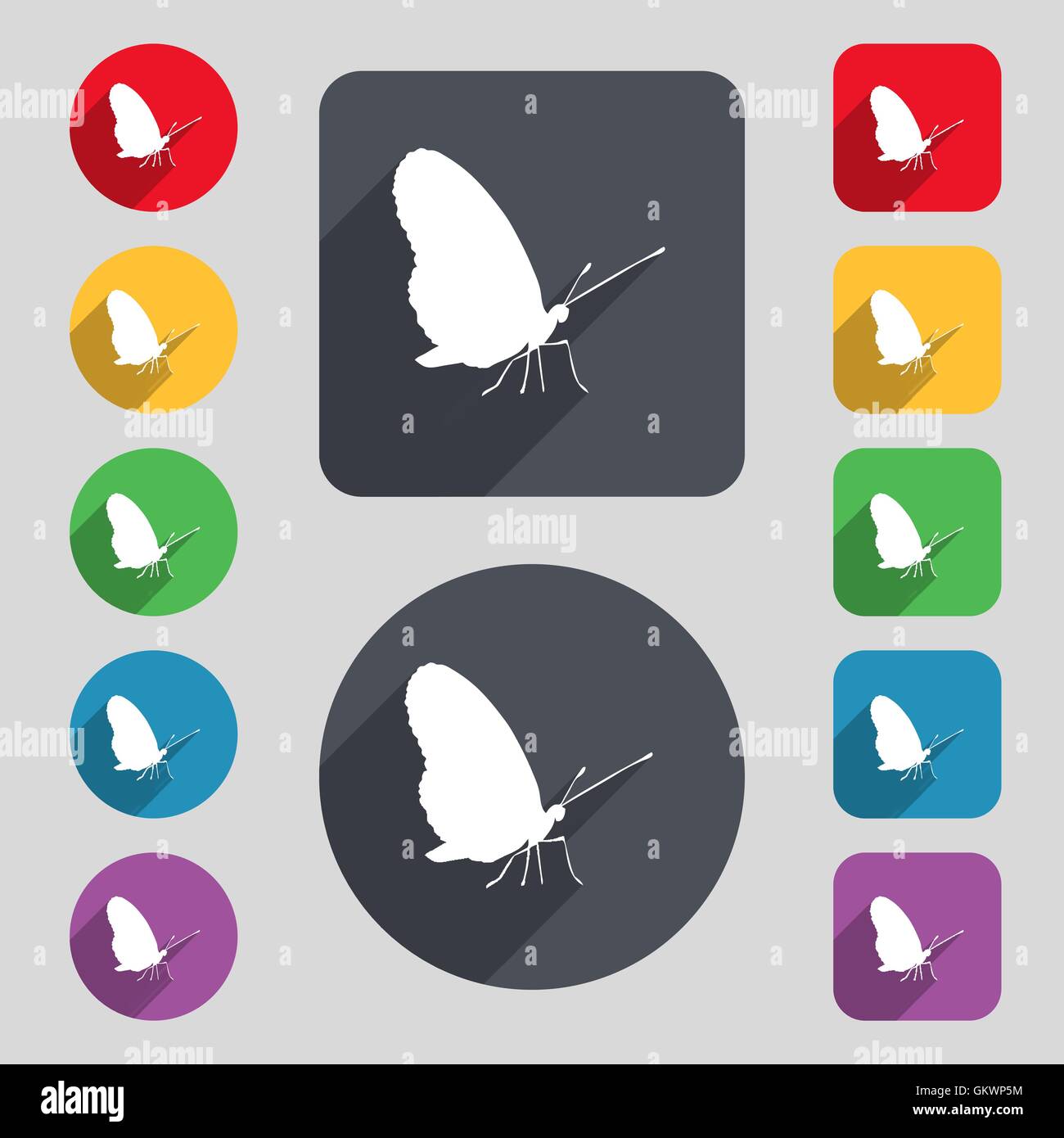 butterfly icon sign. A set of 12 colored buttons and a long shadow ...