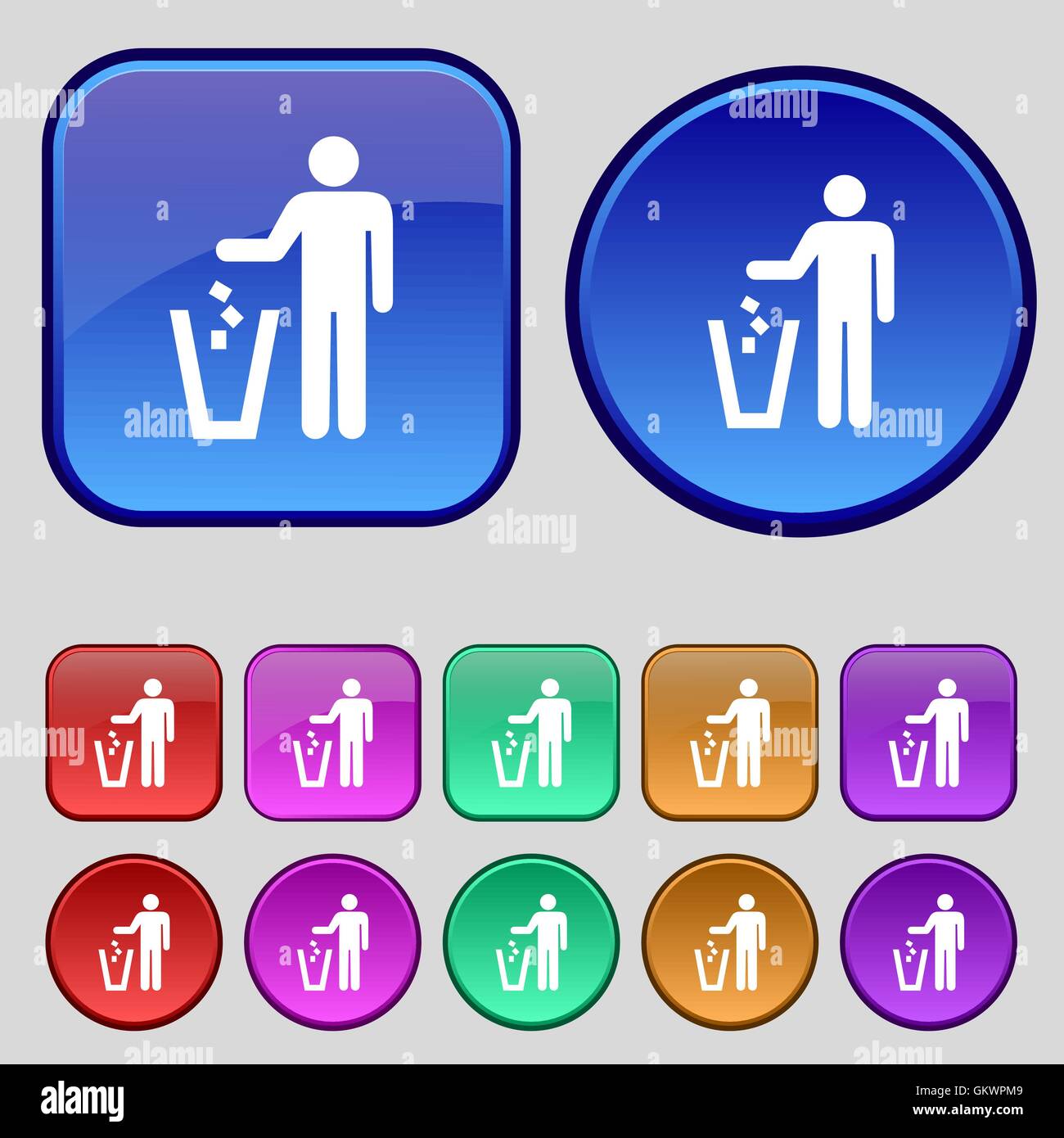 throw away the trash icon sign. A set of twelve vintage buttons for