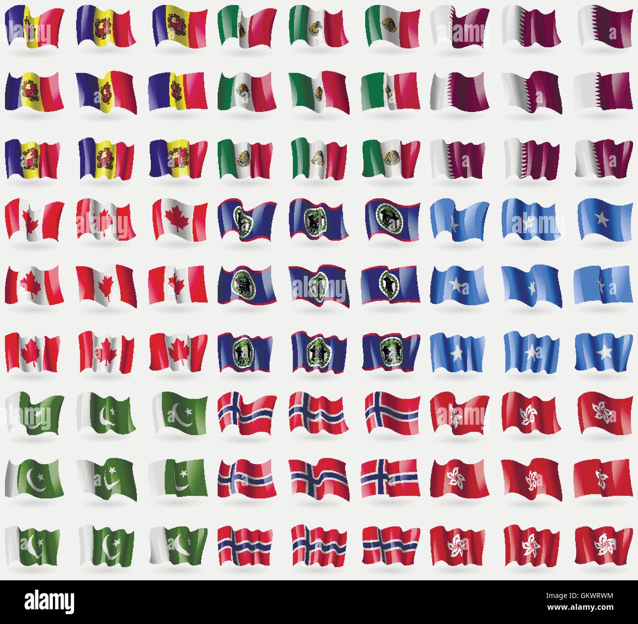 Andorra, Mexico, Qatar, Canada, Belize, Somalia, Pakistan, Norway, Hong Kong. Big set of 81 flags. Vector Stock Vector