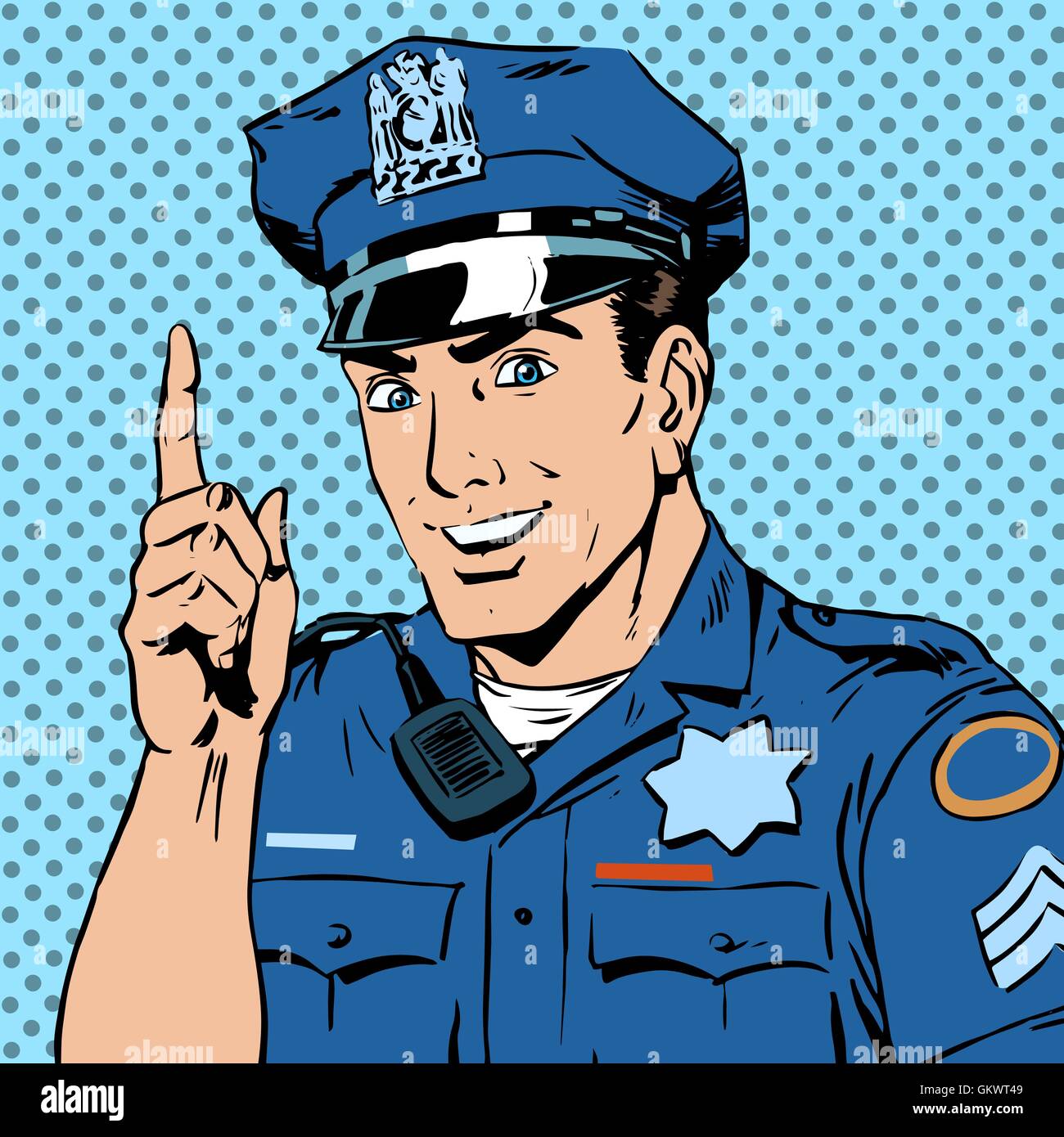 police officer warns draws attention profession smile law and or Stock Vector