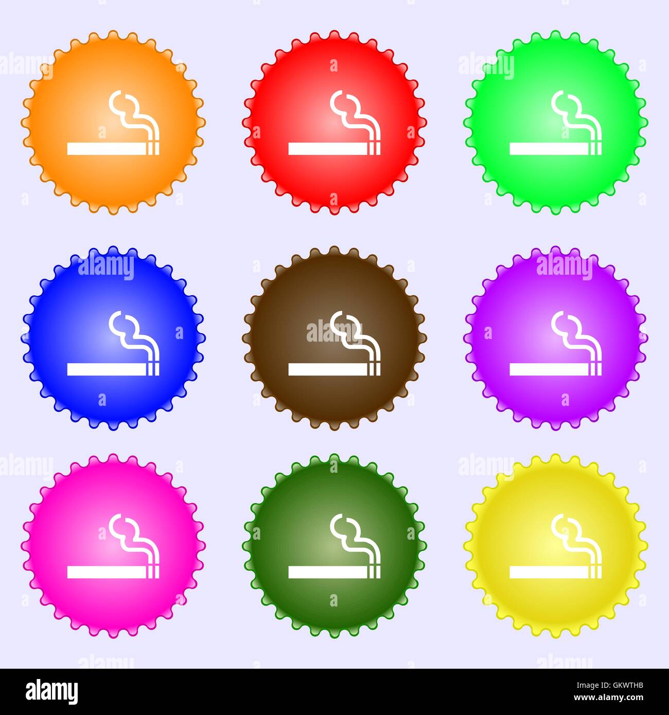 cigarette smoke icon sign. A set of nine different colored labels. Vector Stock Vector