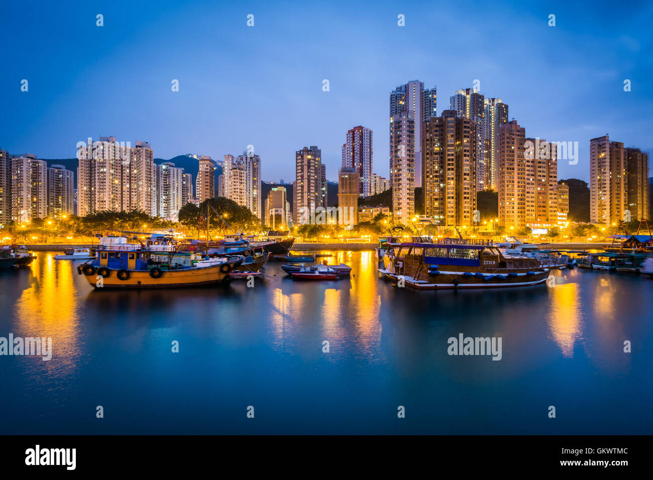 The skyline of Aberdeen, seen from Ap Lei Chau, in Hong Kong, Hong Kong. Stock Photo