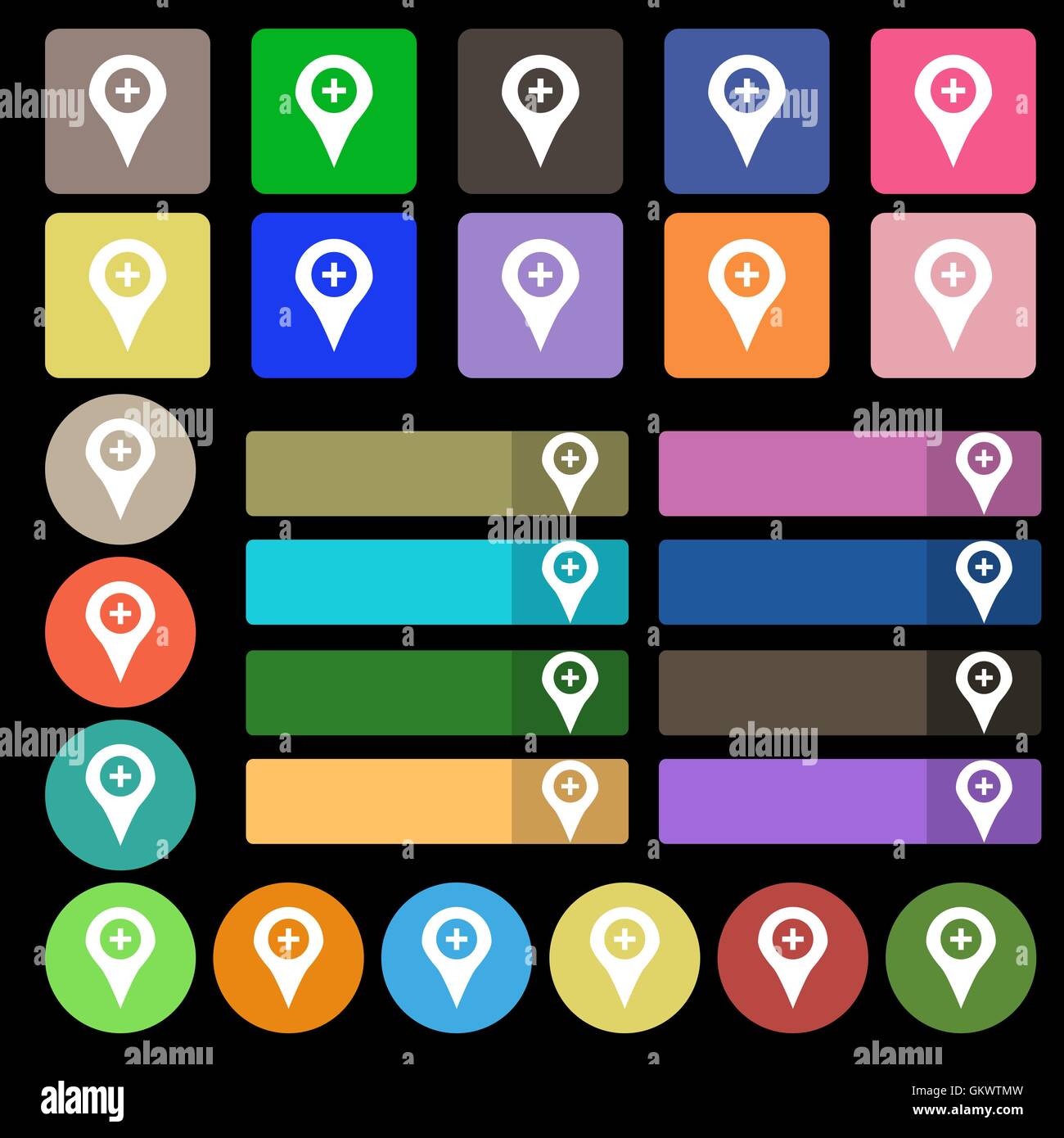 Plus Map pointer, GPS location  icon sign. Set from twenty seven multicolored flat buttons. Vector Stock Vector