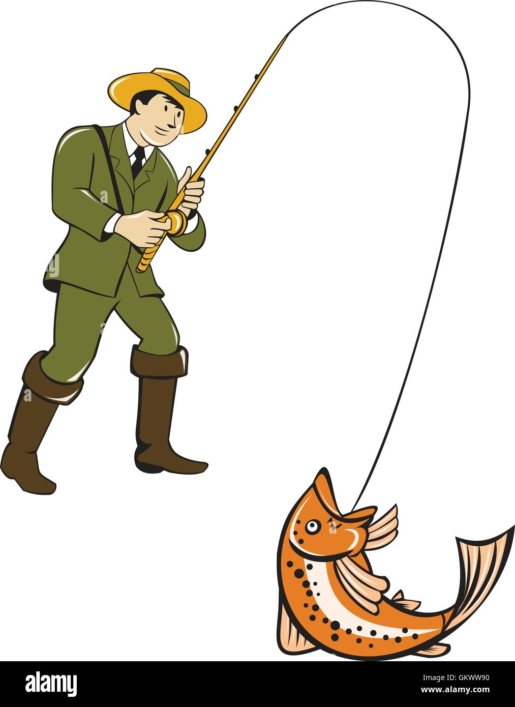 Fly Fisherman Catching Trout Fish Cartoon Stock Vector Image & Art
