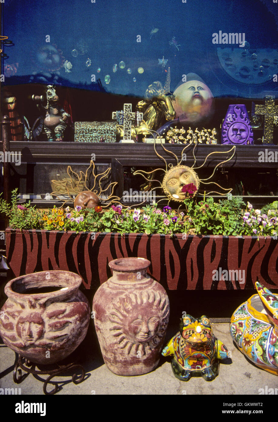 A storefront window in Idaho's Sun Valley features arts and crafts and Native American art. Stock Photo
