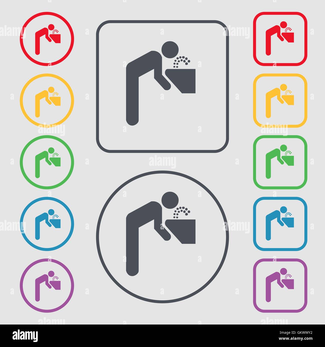 drinking fountain icon sign. symbol on the Round and square buttons ...