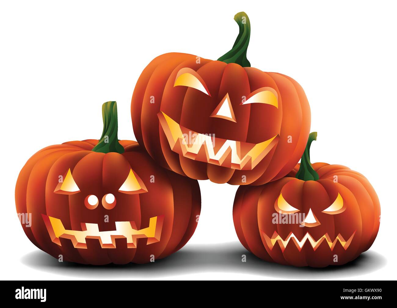 Three menacing carved pumpkins isolated on a plain background. Stock Vector