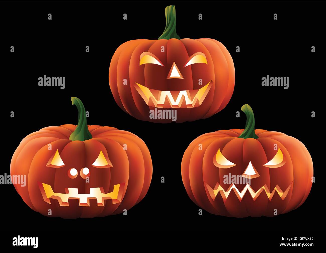 Three carved Halloween pumpkins isolated on a plain background Stock ...