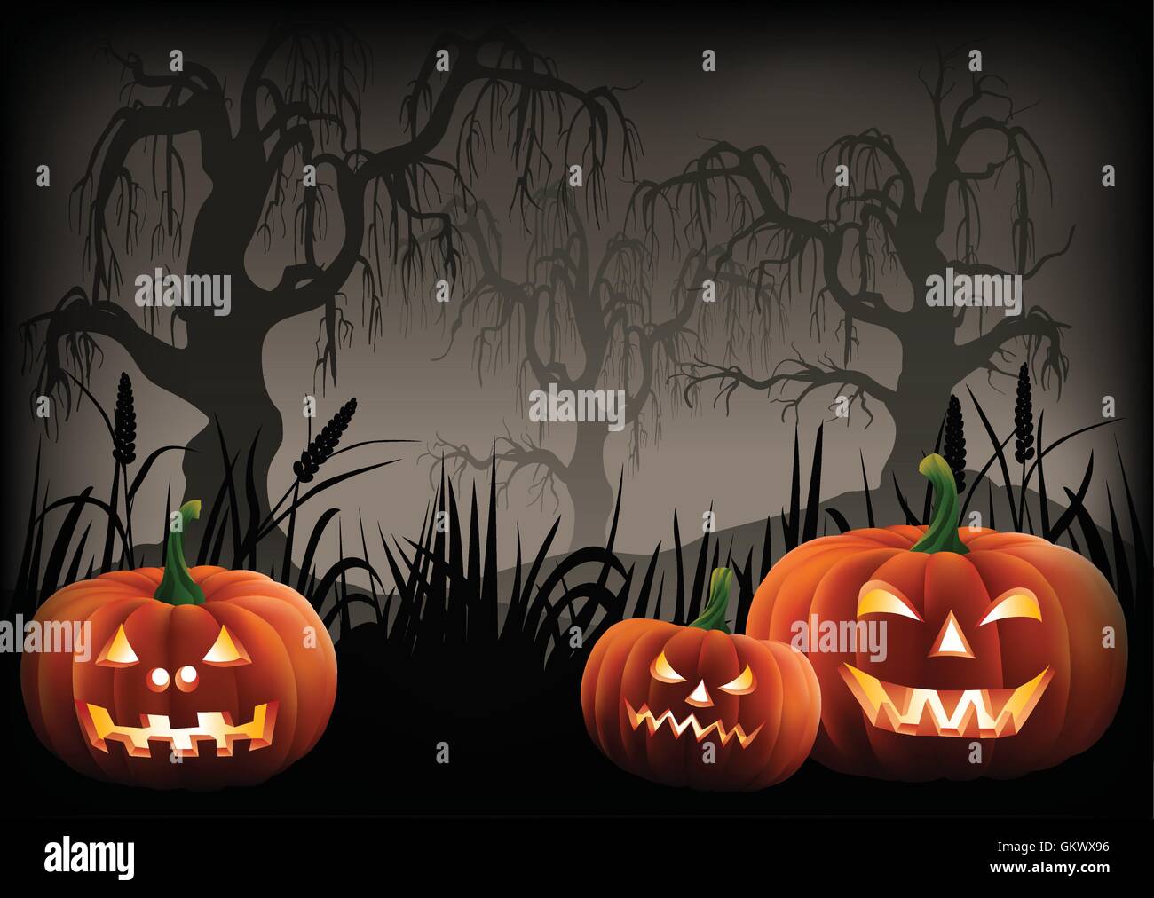 Carved pumpkins at the footer of a Halloween background. Stock Vector