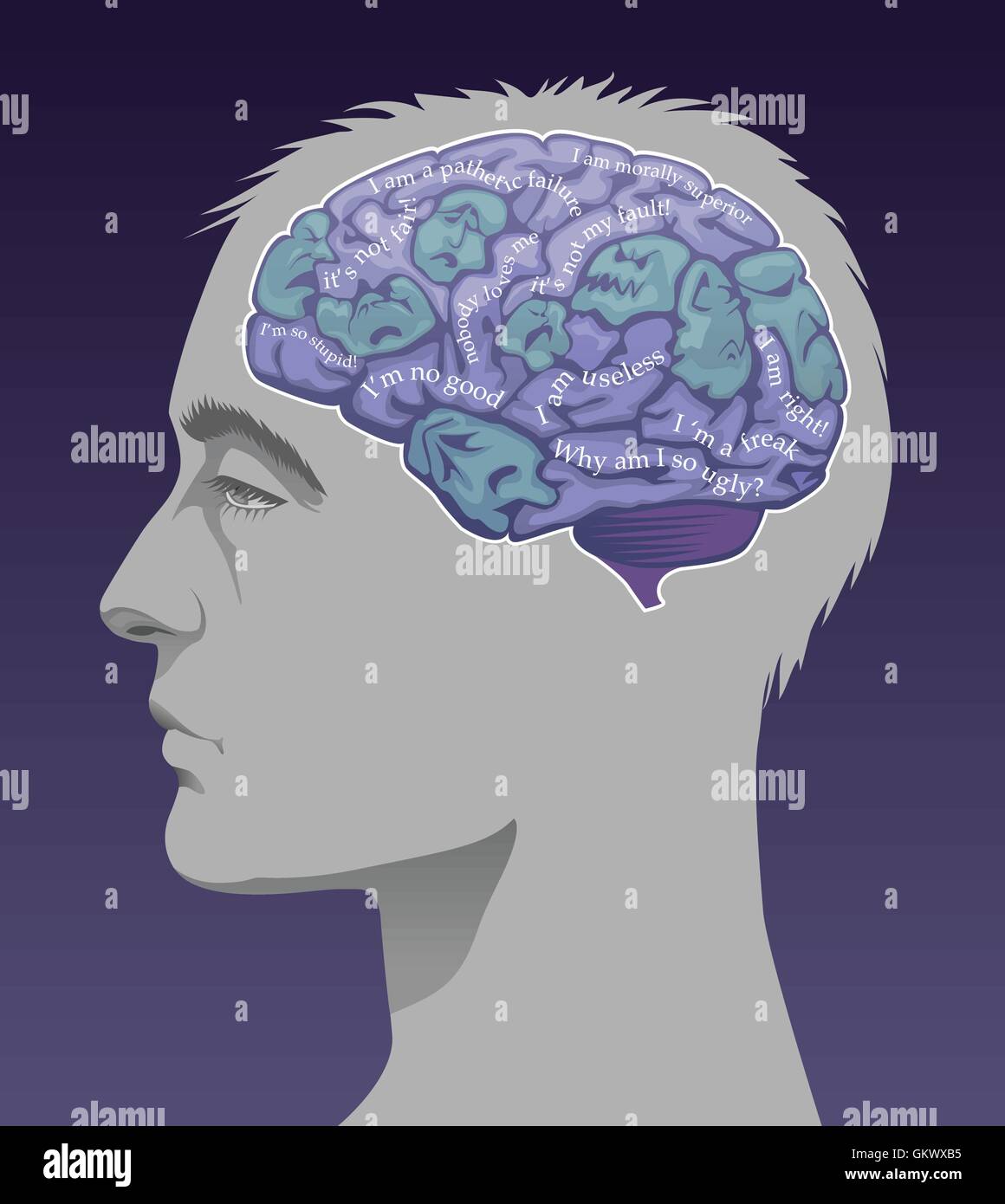 Male profile with a brain full of negative ego thoughts. Stock Vector