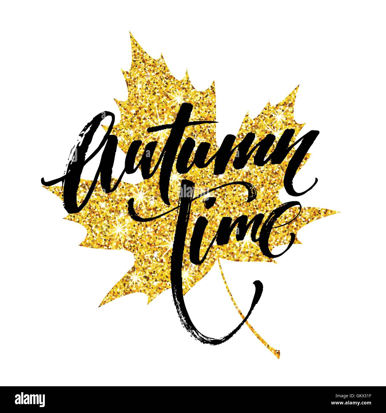 Hand Lettering Tag Fall Autumn hand written lettering. Golden, black and white color. Fall time ...
