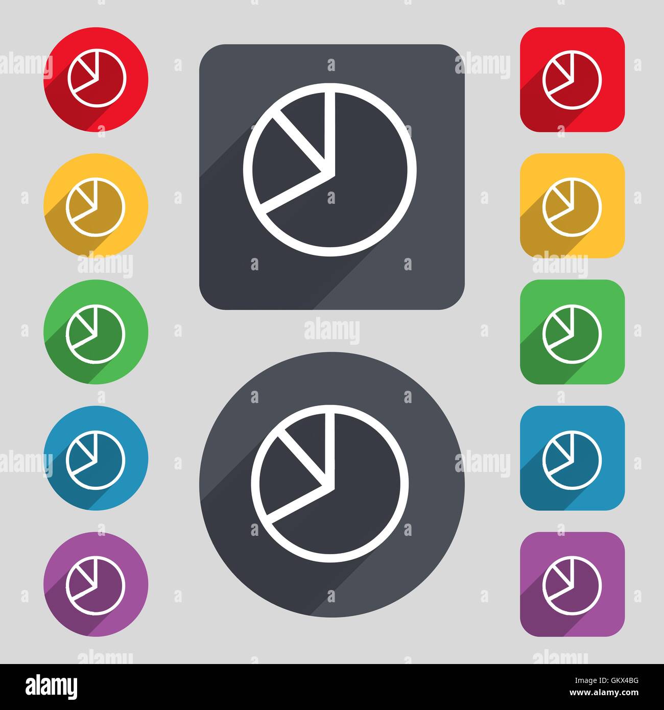 Pie chart graph icon sign. A set of 12 colored buttons and a long ...