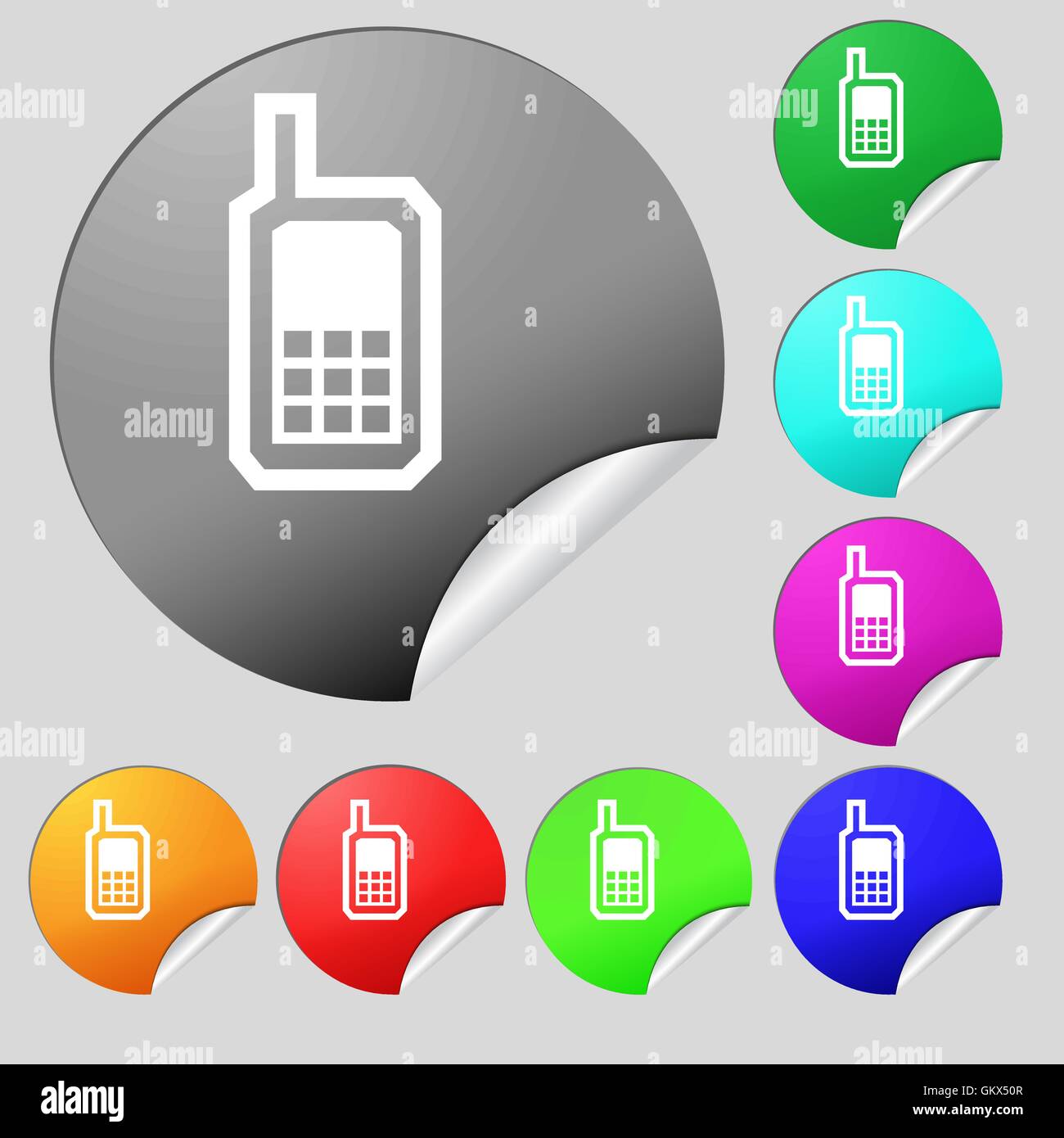 Mobile phone icon sign. Set of eight multi colored round buttons ...