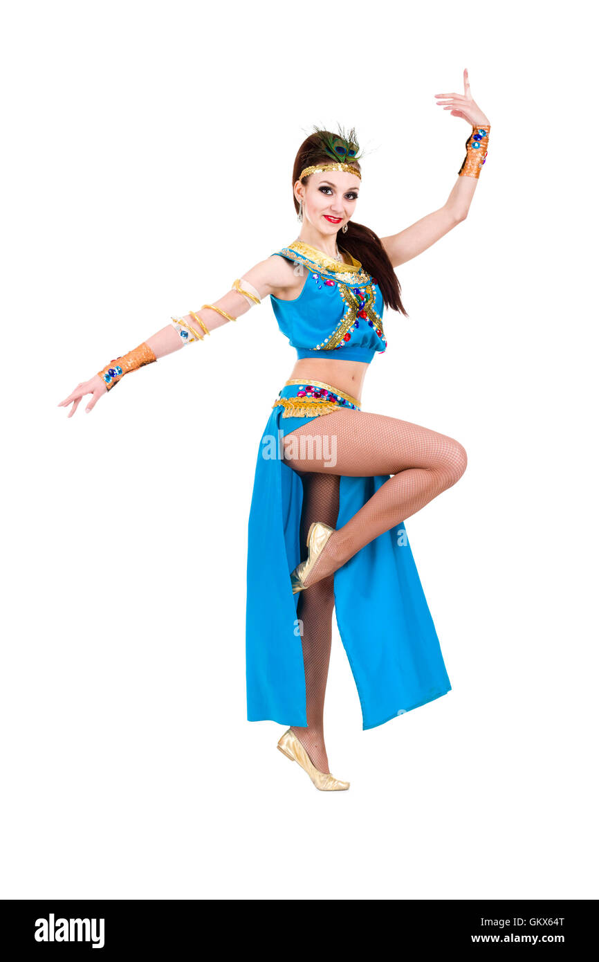 Dancing pharaoh woman wearing a egyptian costume. Stock Photo