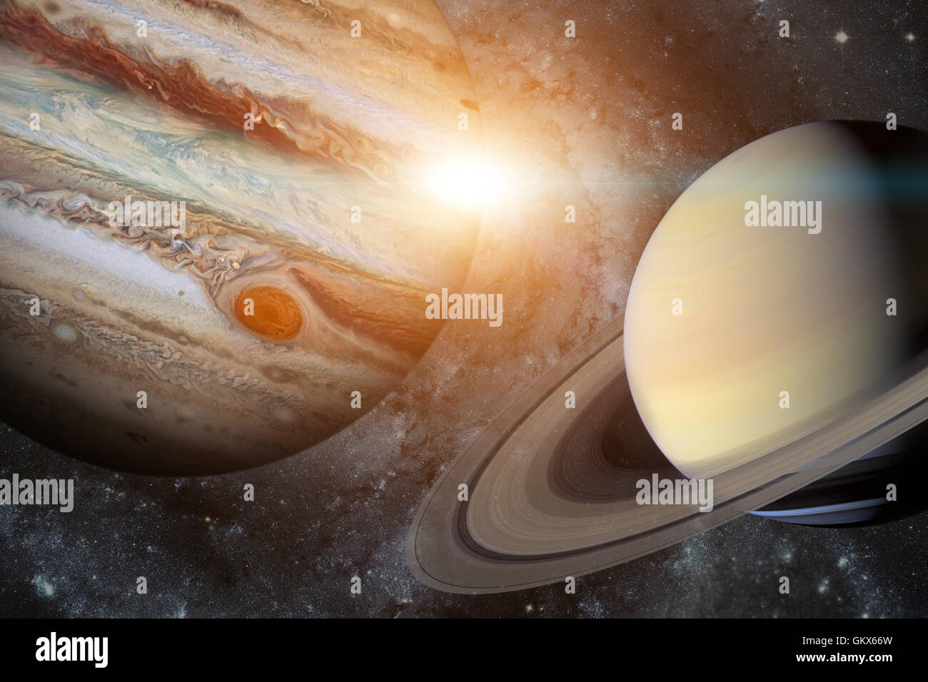 Solar System - Saturn. It is the sixth planet from the Sun and the second-largest in the Solar System. It is a gas giant planet Stock Photo