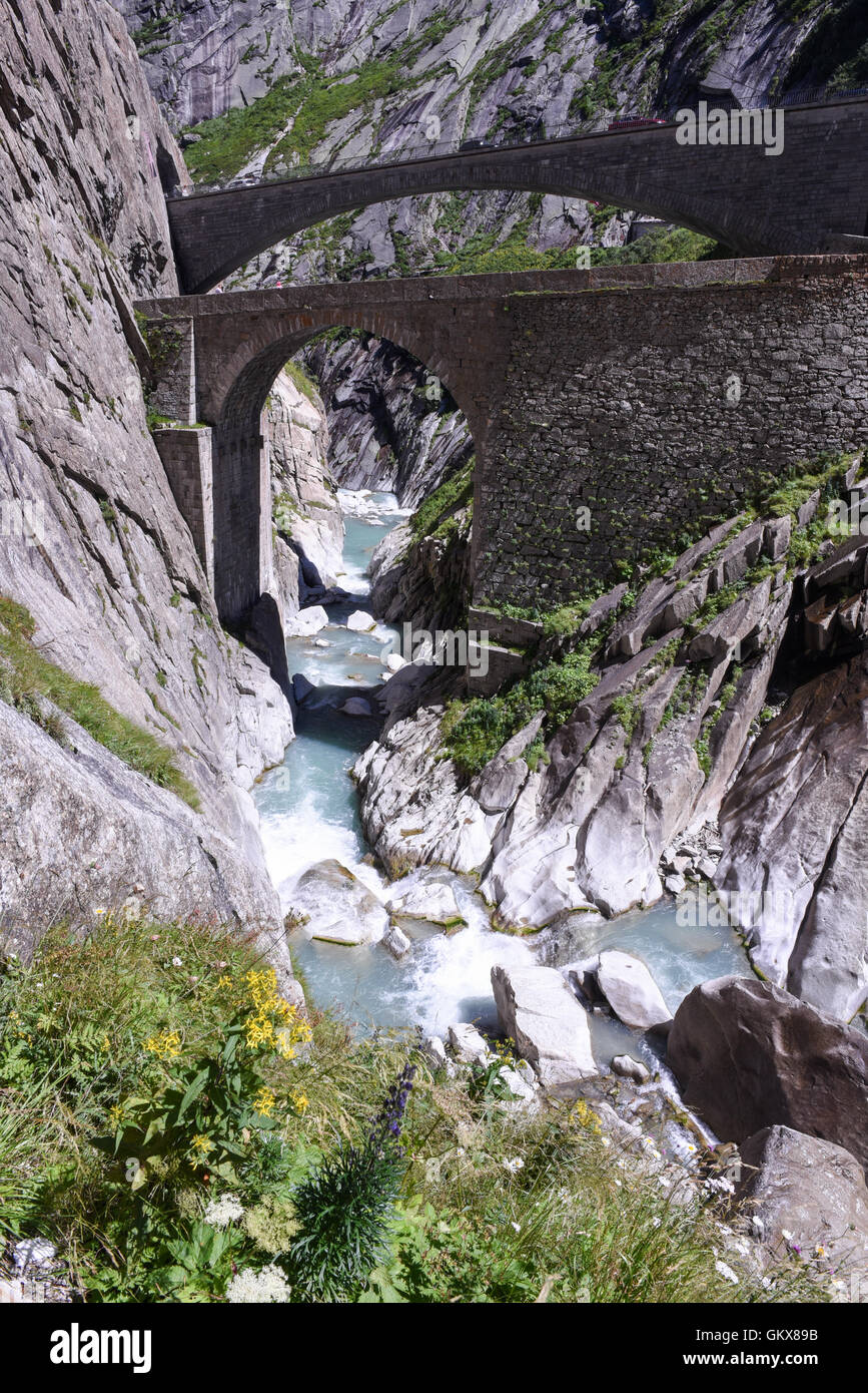 Devil's bridge at St. Gotthard pass on the Swiss alps Stock Photo