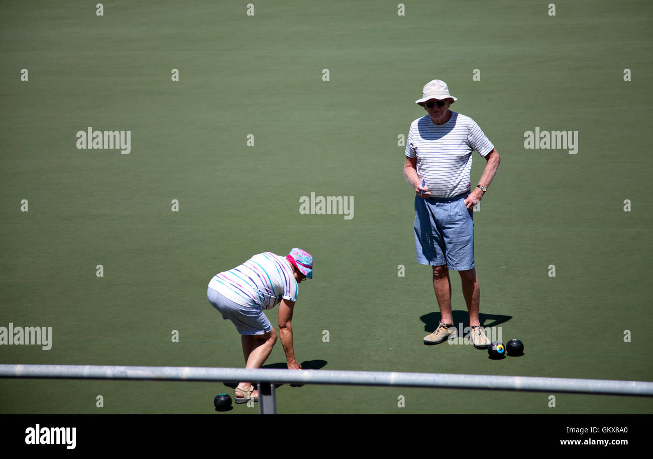 Mature Couple Playing Bowls in Paphos, Cyprus Stock Photo