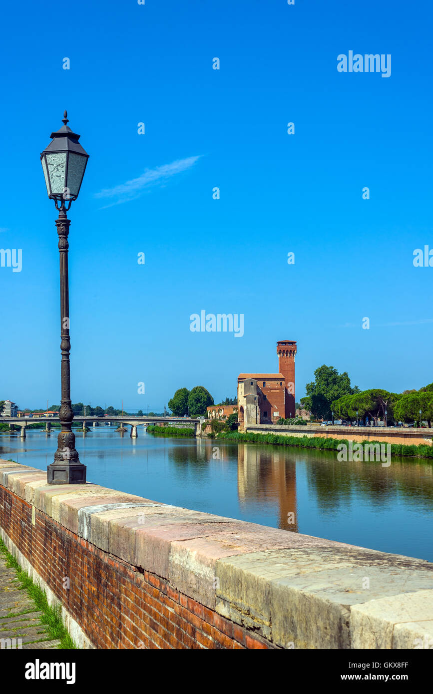 Arno River with Cittadella e Guelfa tower in background. Pisa, Tuscany. Italy. Stock Photo