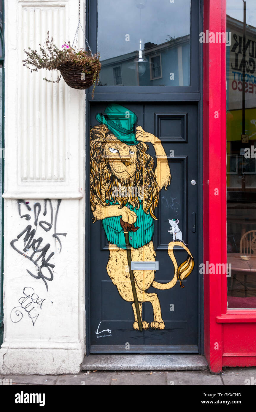 A lion front door design by Alex Lucas of Lucas Antics in the Stokes Croft area of Bristol. Stock Photo