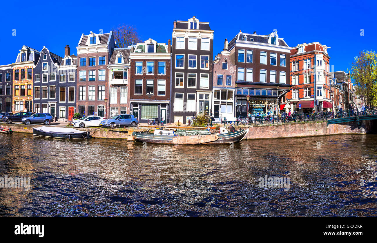 beautiful romantic canals of Amsterdam. Holland Stock Photo