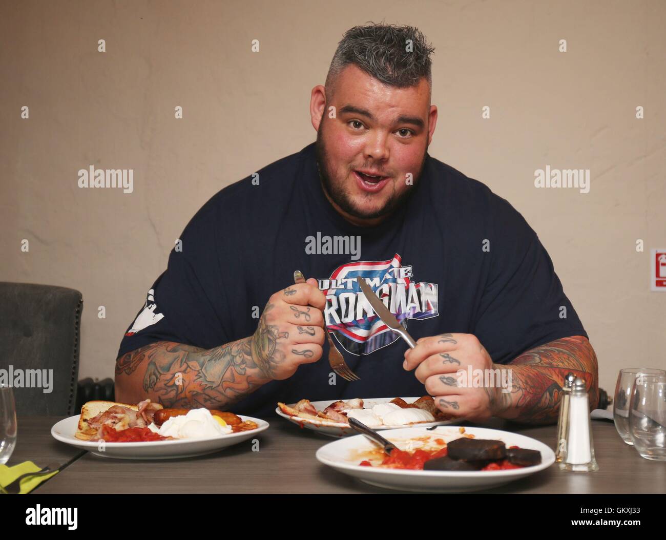 Irish strongman Sean O'Hagan tucks into a breakfast of champions at Man