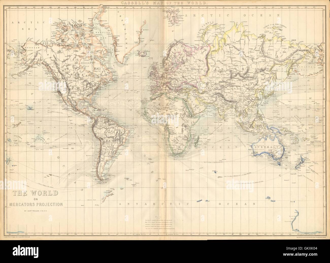 'The World on Mercators Projection'. Shows Mountains of Kong. WELLER, 1863 map Stock Photo