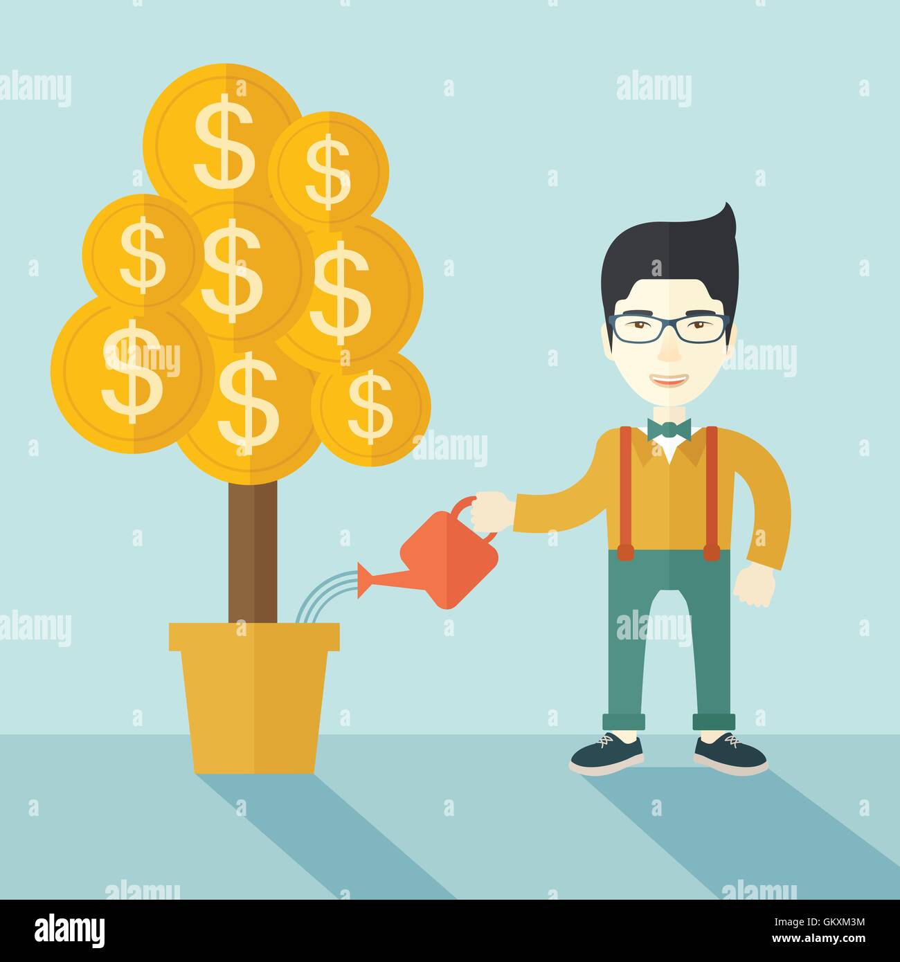Asian businessman happily watering the money tree Stock Vector Image