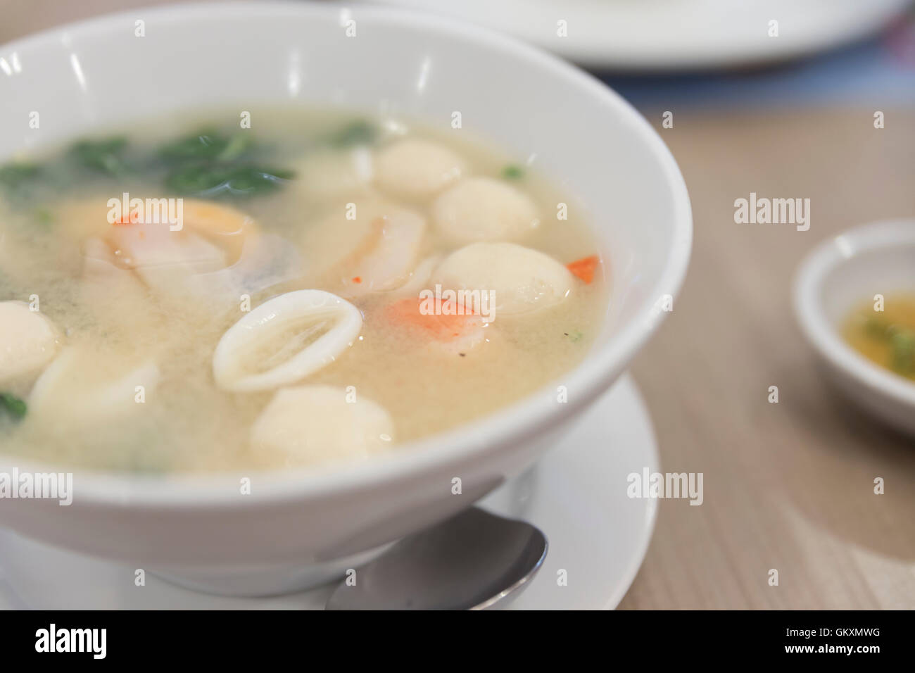 spicy sour seafood and meat ball soup - Thai food Stock Photo