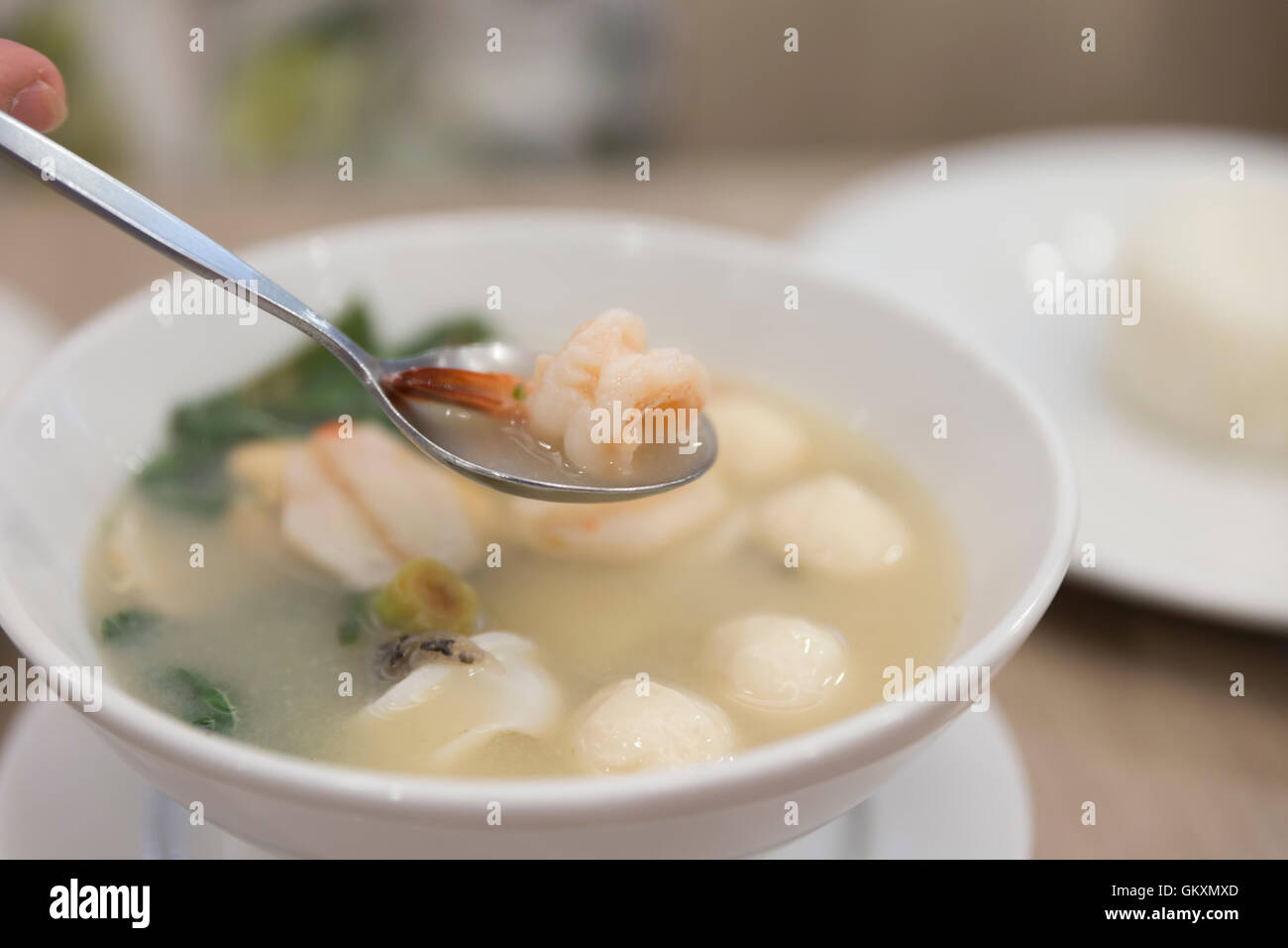 spicy sour seafood and meat ball soup - Thai food Stock Photo