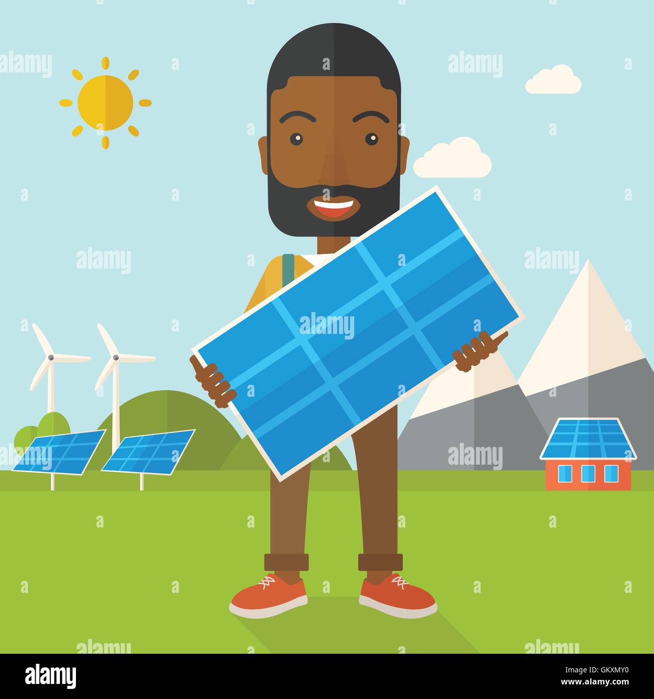 African man holding a solar panel. Stock Vector