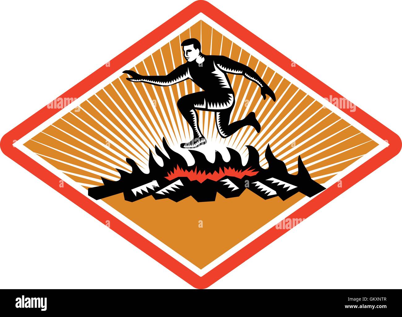 Obstacle Racing Jumping Fire Woodcut Stock Vector