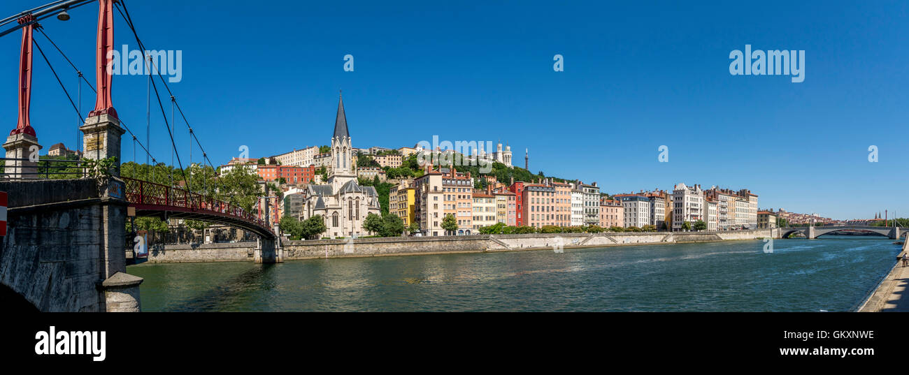 Lyon. Pedestrian passerelle Paul Couturier over the river Saone and old city. Rhone department. Rhone-Alpes. France Stock Photo