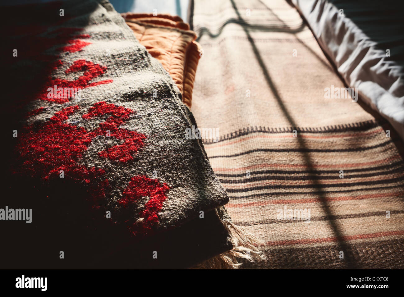Characteristic woolen blankets from Serbia, traditional embroidery and design. Stock Photo