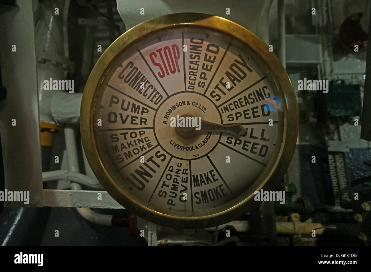 Dial set to Full Steam Ahead, HMS Belfast Royal Navy Ship museum on the Thames, London Stock Photo
