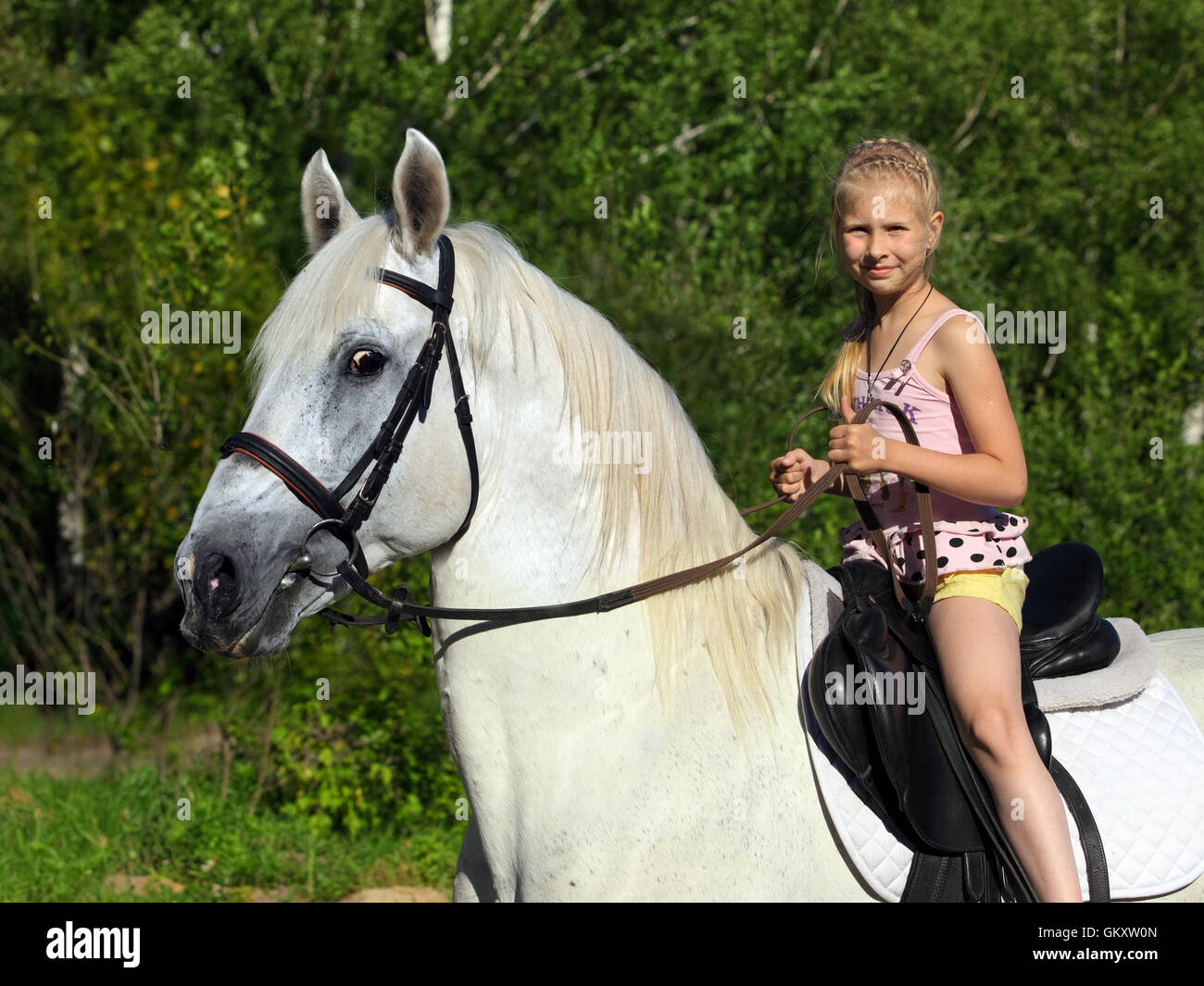 Young girl with a horse having fun at the farm Stock Photo - Alamy